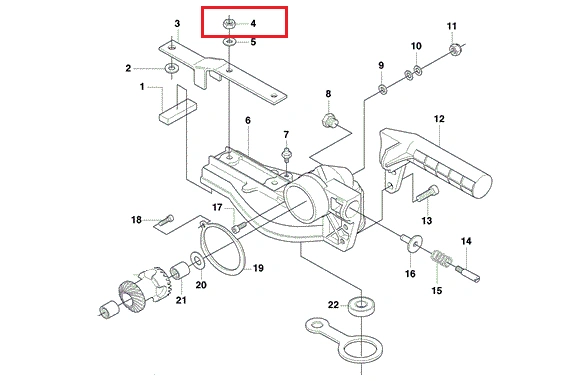 Nakrętka mocowania kierownicy do kosy spalinowej Husqvarna 240R / 545RX o okrągłym kształcie i gwintowanym otworze. Element metalowy, przedstawiony w widoku izometrycznym jako część większego układu z detalami montażowymi.