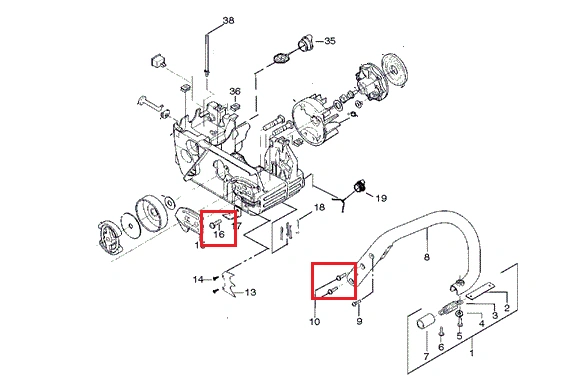 Śruba do kosy Husqvarna 128R, metalowa, z gwintem na całej długości, z widocznym oznaczeniem numeru 16. Ujęcie wzdłużne, na białym tle, ukazuje szczegóły konstrukcji i mechanizmu mocującego. Idealna do zamontowania w narzędziu do cięcia.
