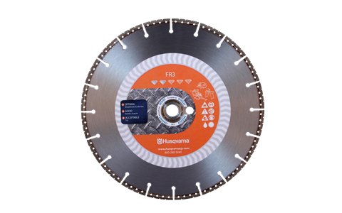 Tarcza ratownicza FR3 Husqvarna 400 mm średnicy, grubość 25,4 mm, otwór 20 mm, metalowy rdzeń, symbole i pomarańczowa etykieta, frontalne ujęcie na białym tle z widocznymi detalami i napisem.