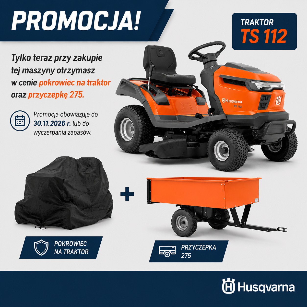 traktor ts 112 husqvarna w promocji z pokrowcem i przyczepką
